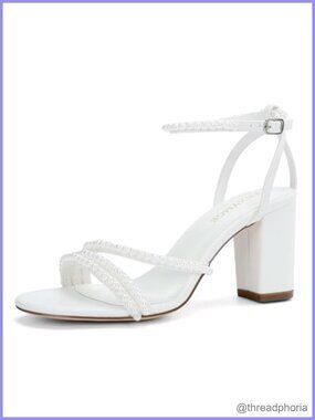 Pearl Block Heel Wedding Sandals for Bride Open Toe Satin Bridal Heels